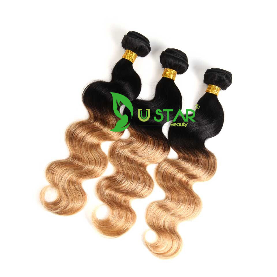 Ombre 1B/27 Body Wave Human Hair 3 Bundles with free part 4 by 4 Lace Closure