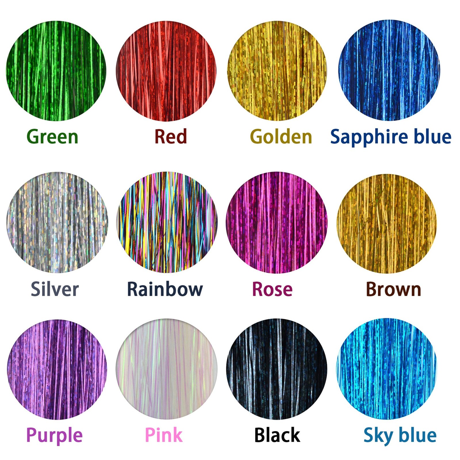 Colorful Glitter Hair Tinsel Set 47 Inch 12 Colors 215 Piece Set, 12 colors