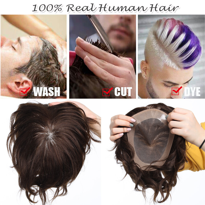 Mens Toupee Hairpiece Full SWISS LACE Wig Human Hair Replacement System US Soft
