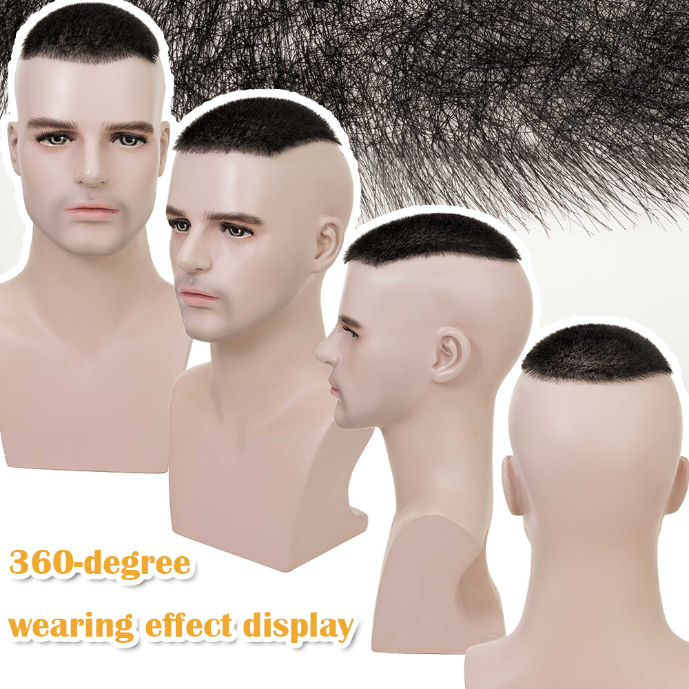 Men Toupee Short 1cm Buzz Cut Remy Virgin Human Hair Skin PU Bald Head Hairpiece