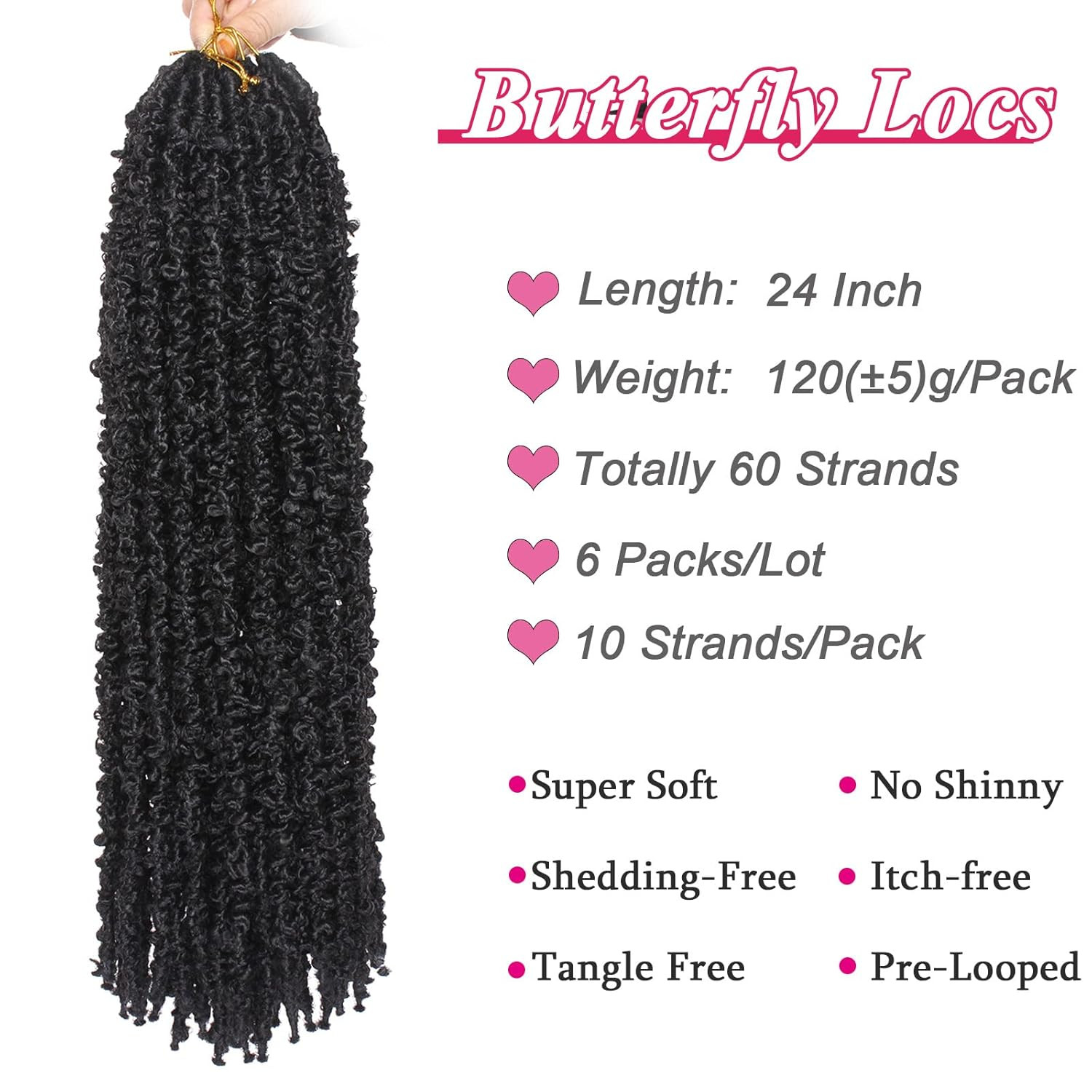24 Inch Butterfly Locs Crochet Hair 6 Packs Distressed Faux Locs Crcoeht Hair 1B