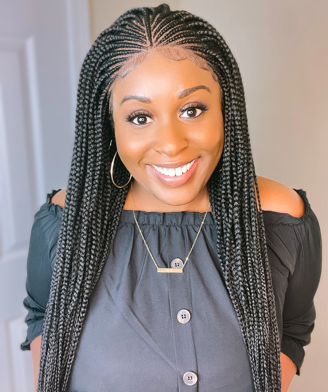 LUXLUXE Kristi Straight 30 In Long 4X4 Hand-Tied Lace Braided Wig, Natural Black