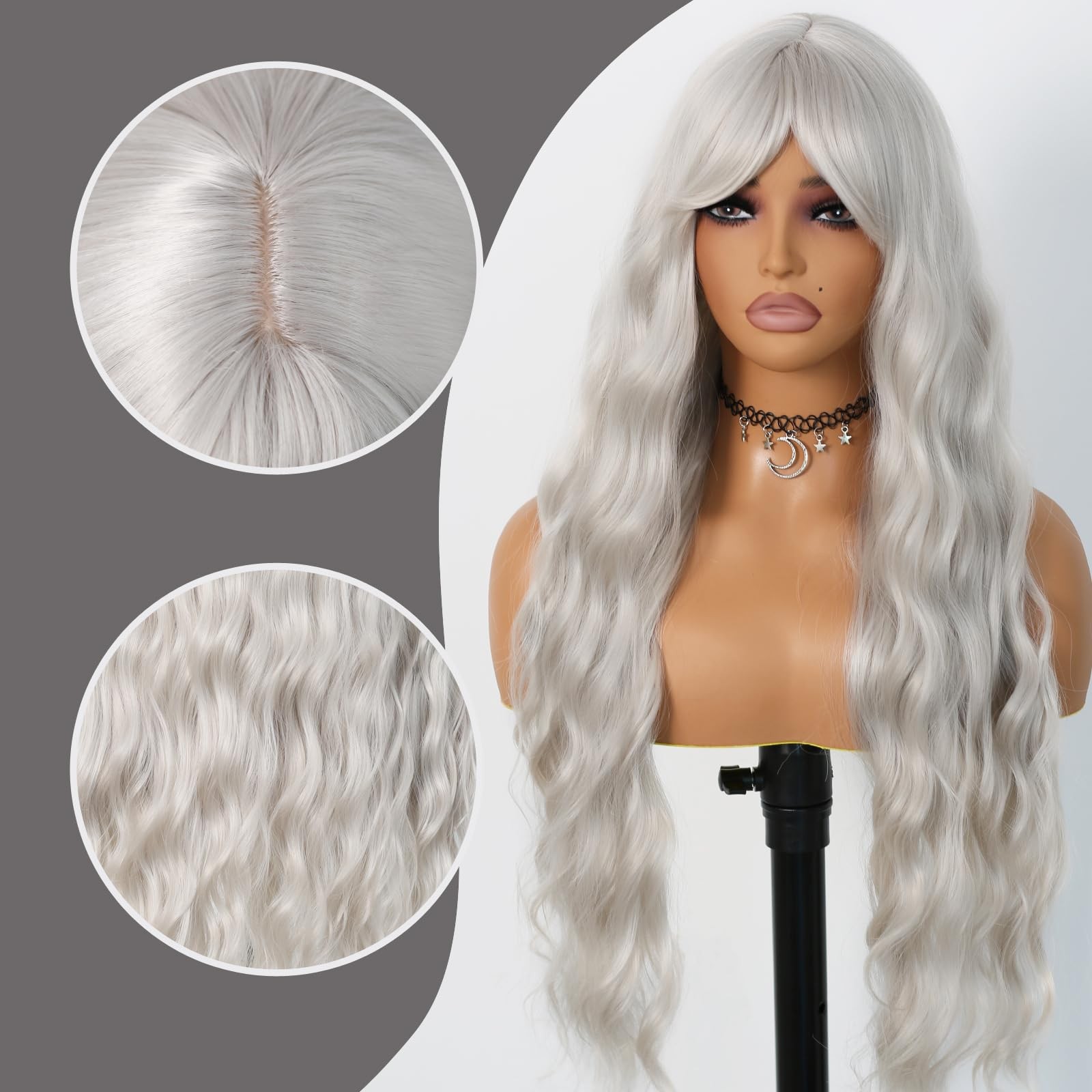 Silver Gray Wig with Bangs Grey Wigs for Women Long Curly Wig with Air Bangs …