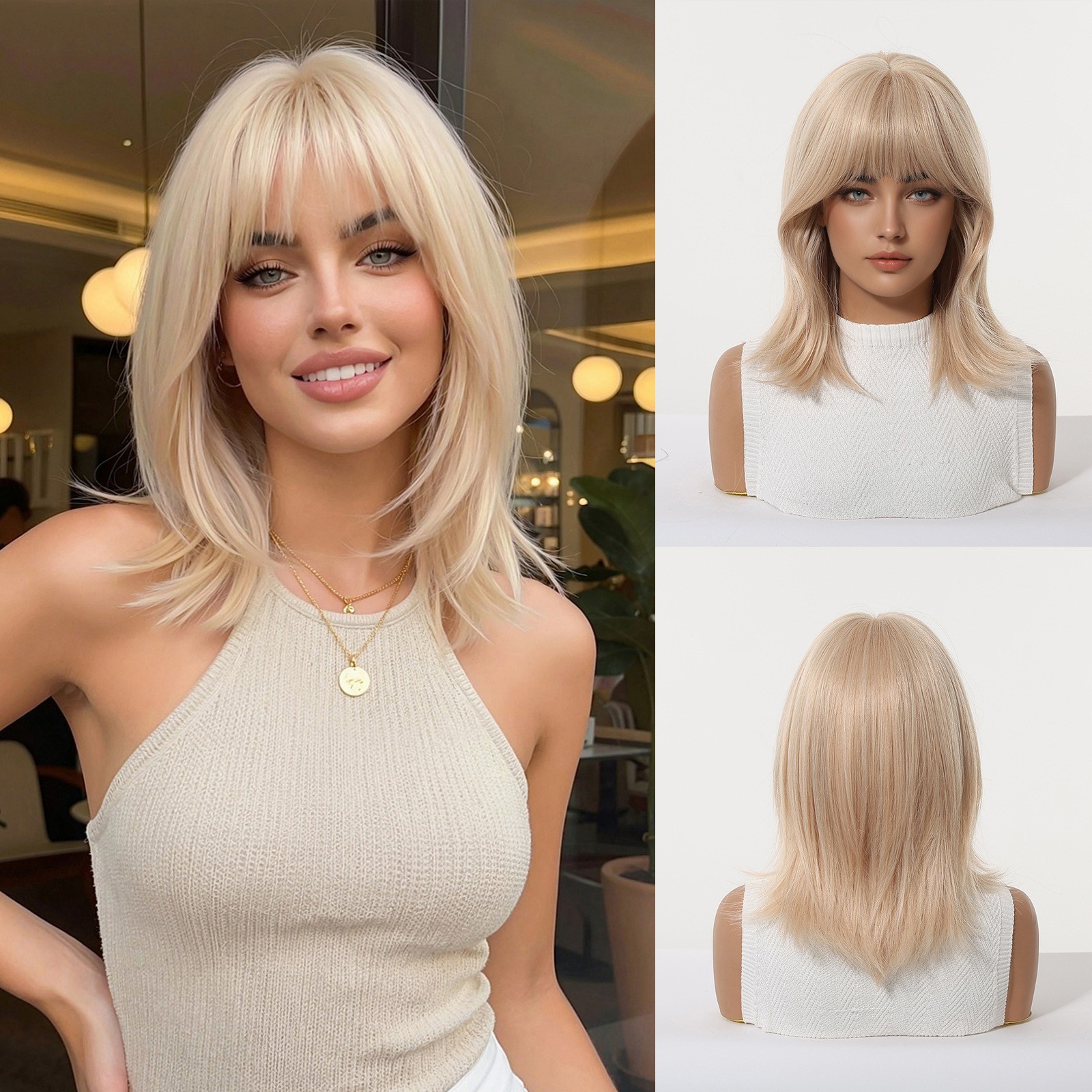 Blonde Wigs Short Straight Bob Wig With Bangs For Women 14in Natural Synthetic W