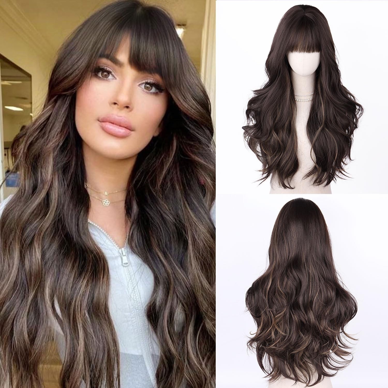 Mixed Brown Long Wavy Costume Wig With Fringe Heat Resistant Synthetic Hair
