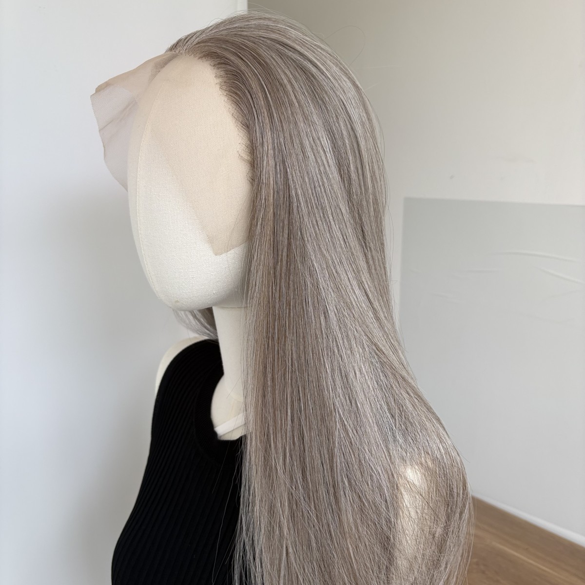 Long Straight Frontal Lace Wig Synthetic Hair Heat Resistant Natural Mix Grey