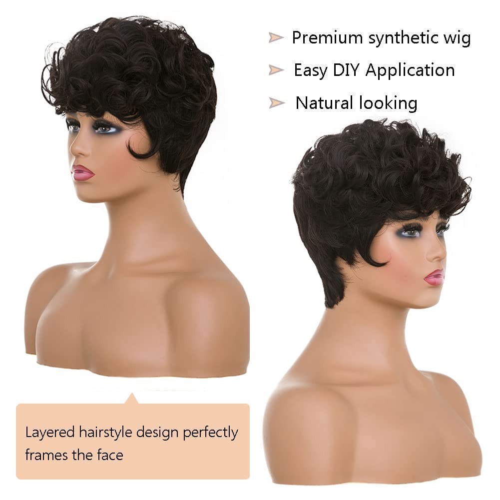 MOONSHOW Brown Pixie Cut Wig Short Curly Wigs for Black Women Dark Brown Hait…