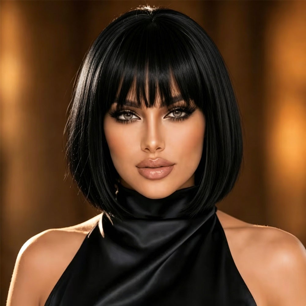 12″Bob Wig with Bangs, Natural Straight Synthetic Hair for Women Daily Wear US