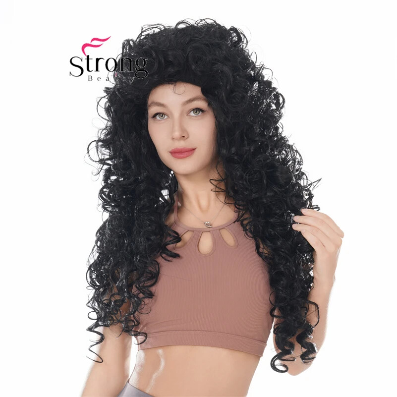 30″ Long Thick Curly Black Classic Cap Full Synthetic Wig