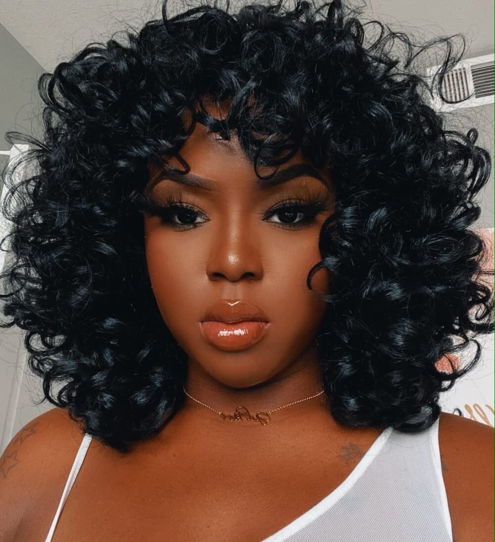 Black Curly Kinky Afro With Bangs Short Wigs Women Synthetic No Lace Soft Wigs