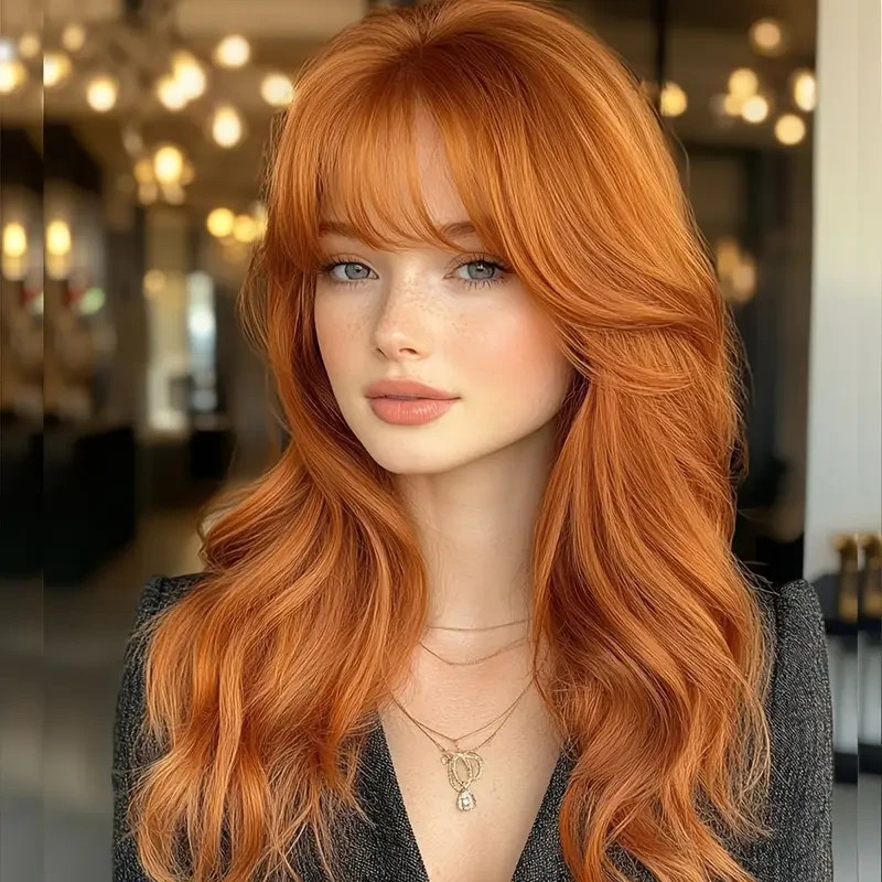 16 Inch Long Ginger Wave Wigs with Bangs 100% Human Hair Lace Front Wigs 13×4