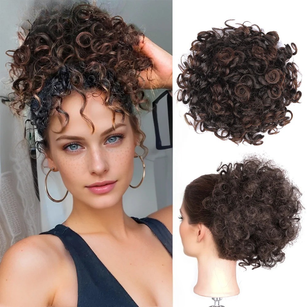 Ombre Blonde Large Curly Synthetic Messy Hair Bun Elastic Drawstring Ponytail