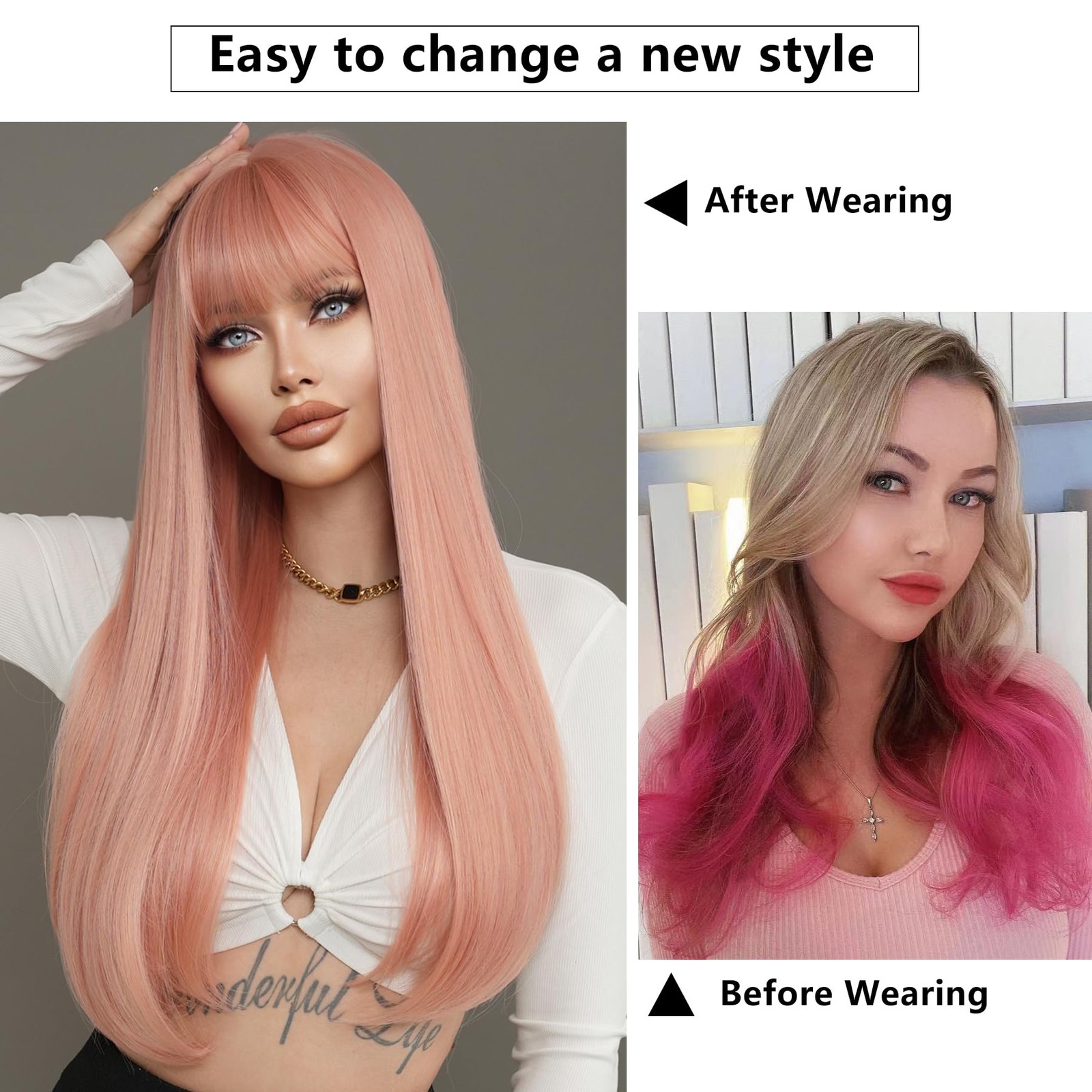 Long Straight Light Pink Wig with Bangs 28in Wig with Pale Orange Natural Hea…