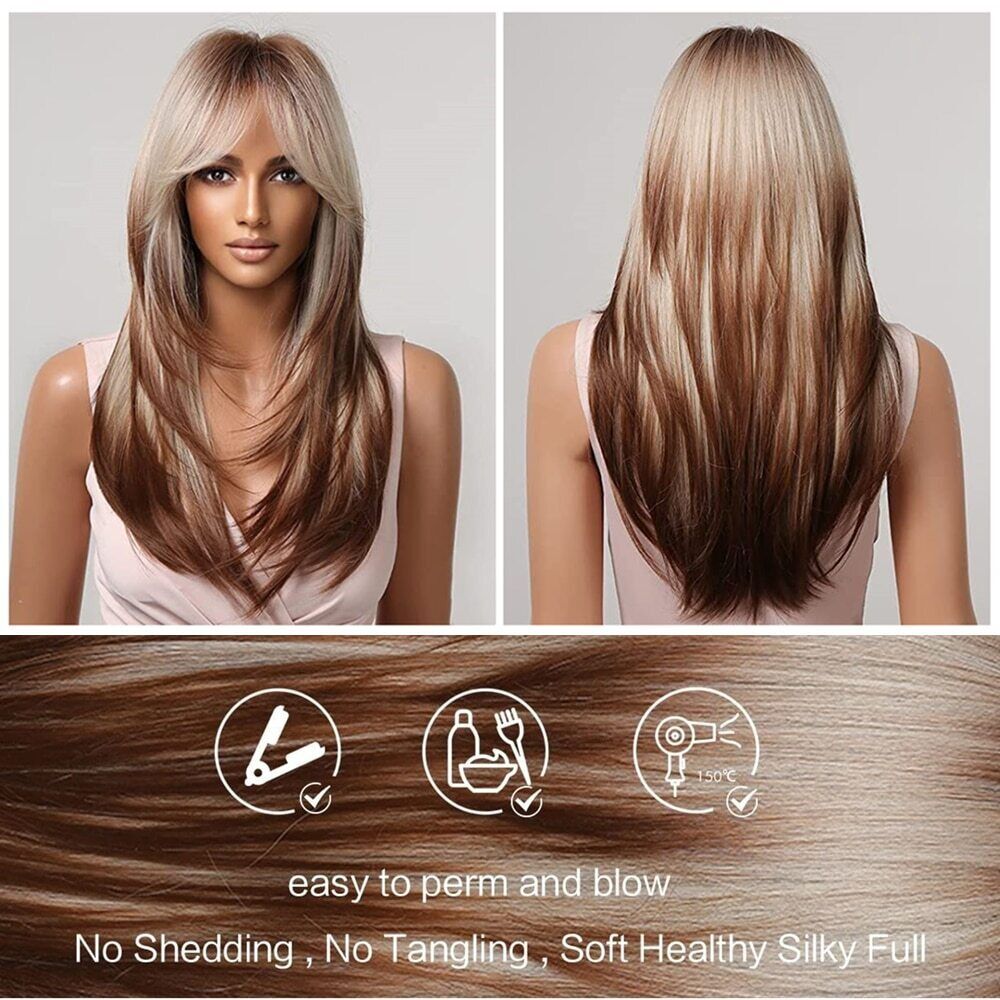 Blonde Layered Synthetic Wigs for Women Long Straight Brown Highlights Wigs
