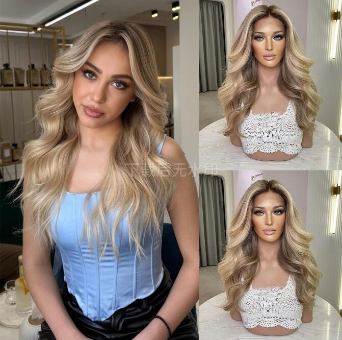 Caramel Blonde Ombre Hightlight Human Hair Wigs Balayage Wave Lace Front Wig