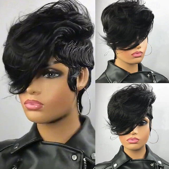 Short Pixie Cut Wigs for Black Women Human Hair Bob Wig with Long Wave Bangs
