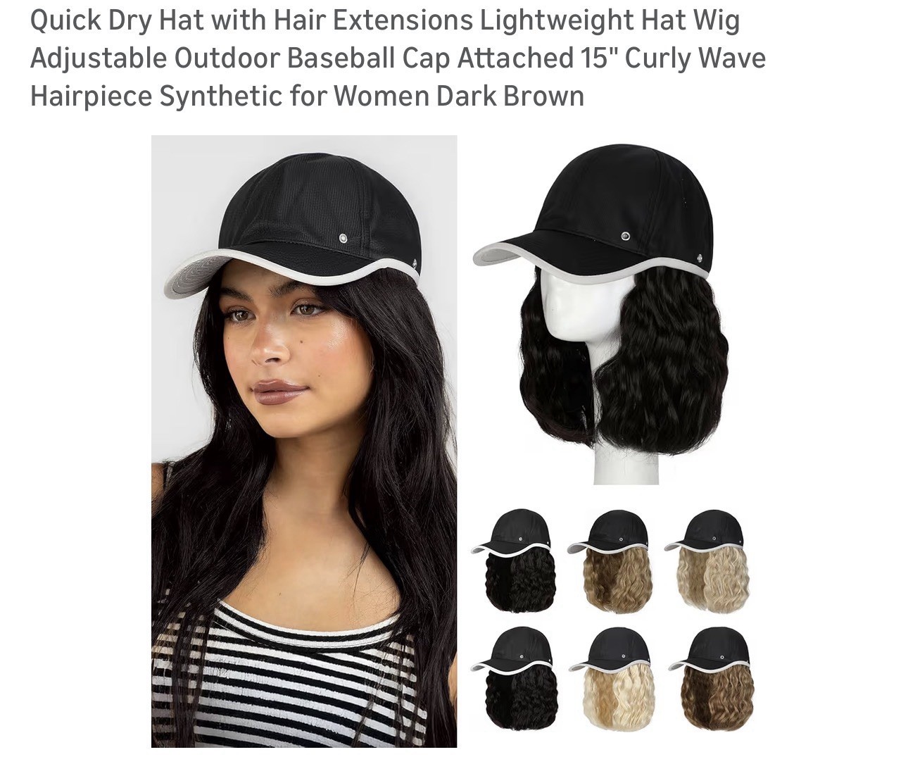 Women Hat Wig Hair Baseball Cap Curly Synthetic Dark Brown