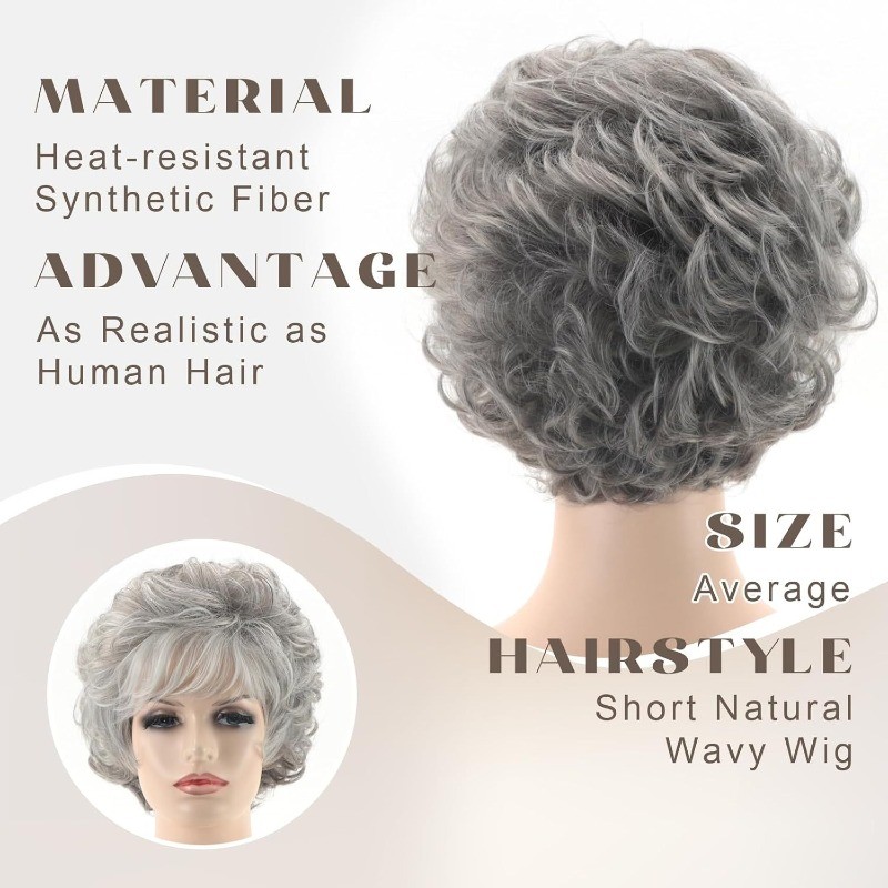 Women Grey Wig Gray Layered Short Beanie Hairpiece Universal Silver Cosplay Wigs