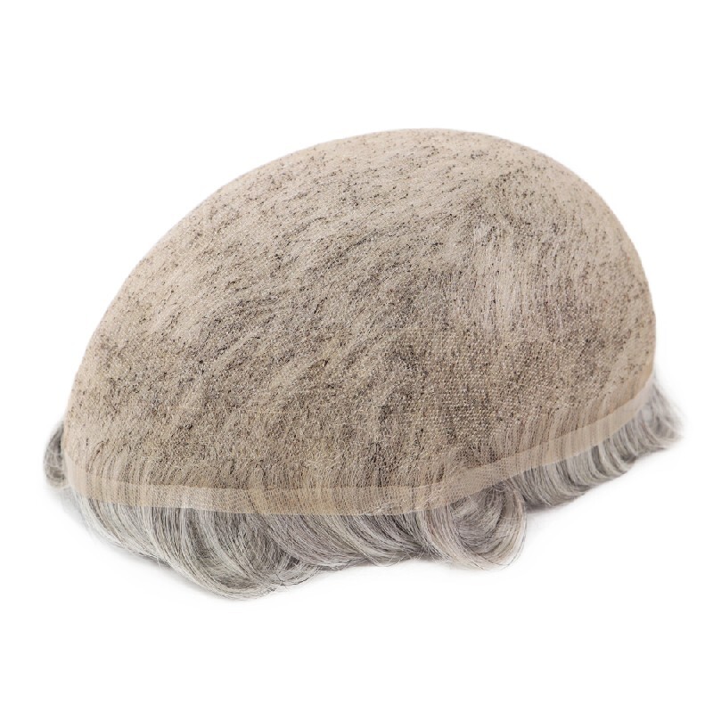 Mens Toupee French Lace Human Hair System Medium Density Grey Hair Pieces #1B80