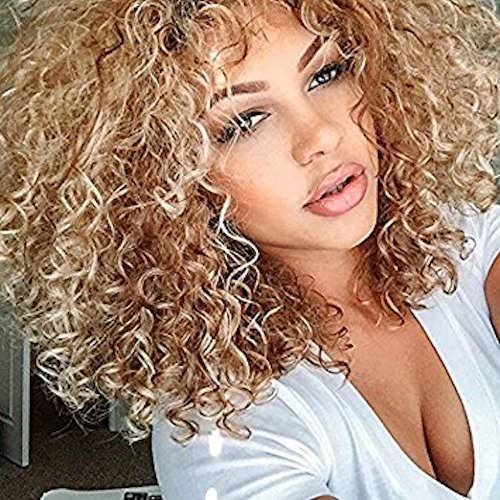 Natural Custom synthetic Afro Kinky Curly Wig light blonde brown women full wig