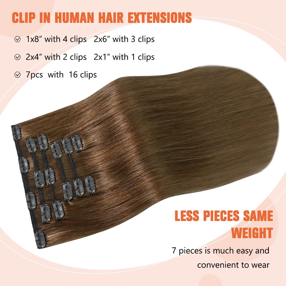 Light Brown Hair Extensions Clip in Human Hair 18 Inch 70g 7pcs Remy Hair Sil…