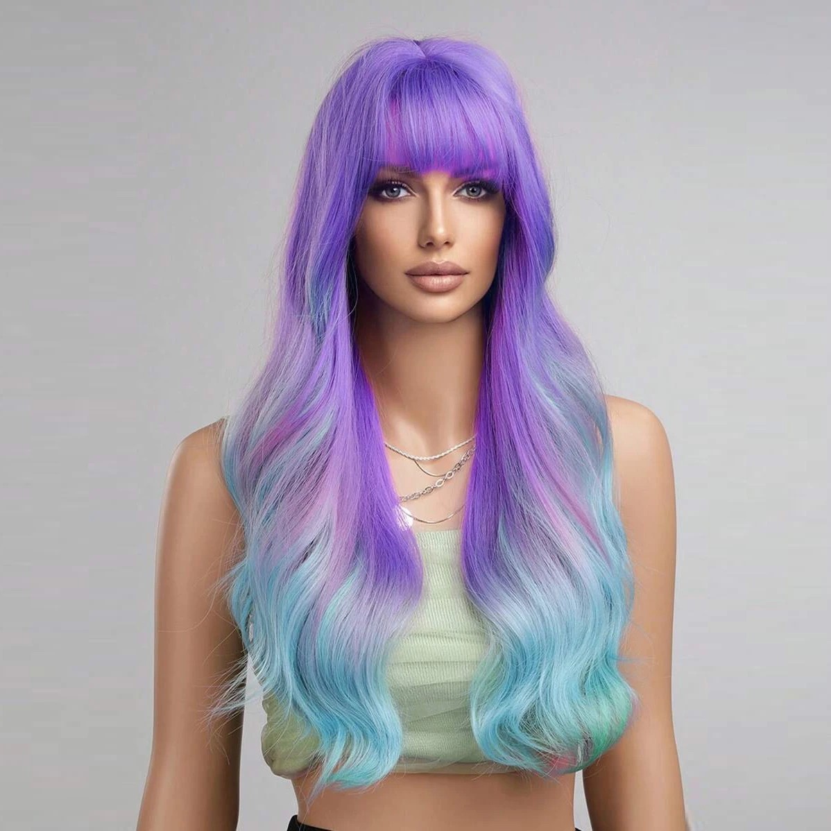 26″ Pastel Rainbow Ombre Long Wavy Wig with Bangs Pink Purple Blue Synthetic