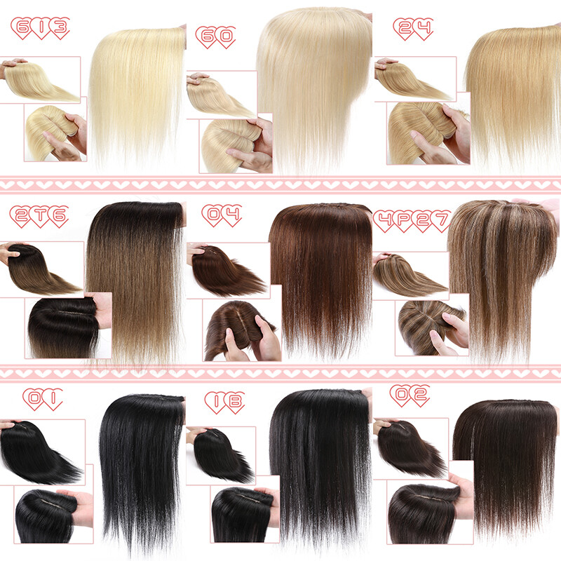 150% Density Short Real Hair Topper Silk Base Human Hair Top Hairpiece Clip In