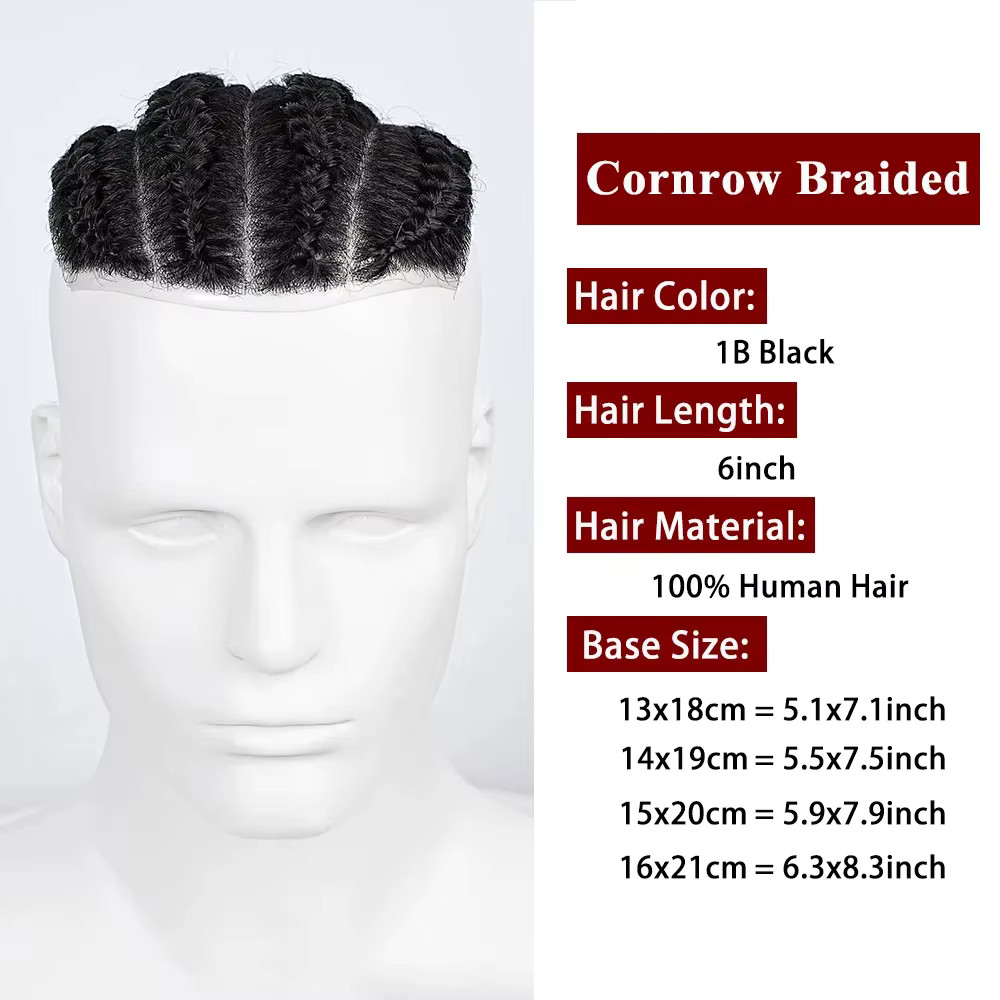 Cornrow Box Braided Human Hair Man Toupee Full Pu Skin Male Toupee For Men Wigs