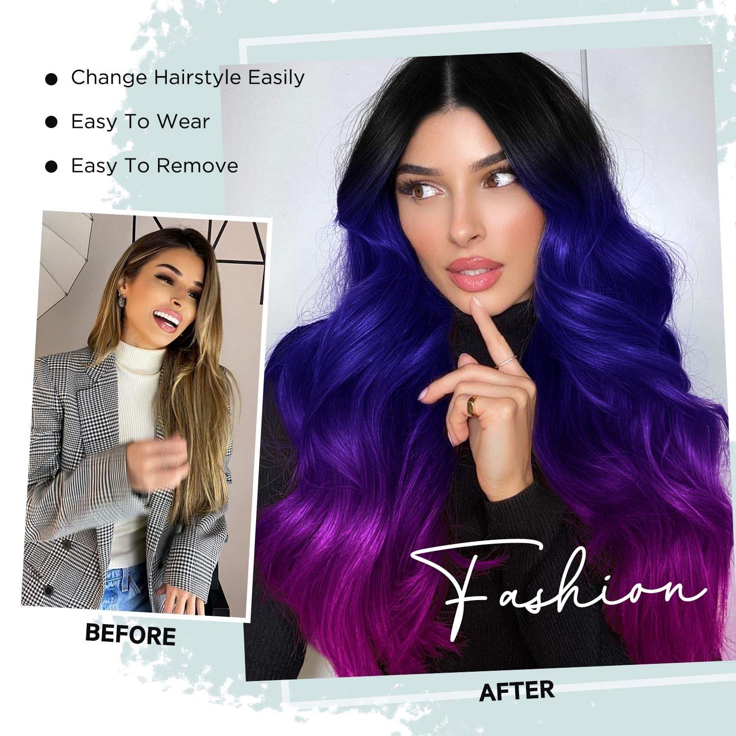 Long Wavy Wig – Black to Blue to Purple Ombre Color, Curly, Rainbow, Middle P…