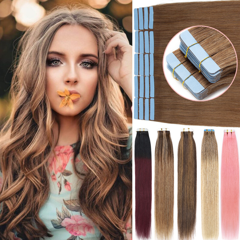 100g Tape In Human Hair Extensions FULL HEAD Skin Weft Real THICK 40pcs Ombre US