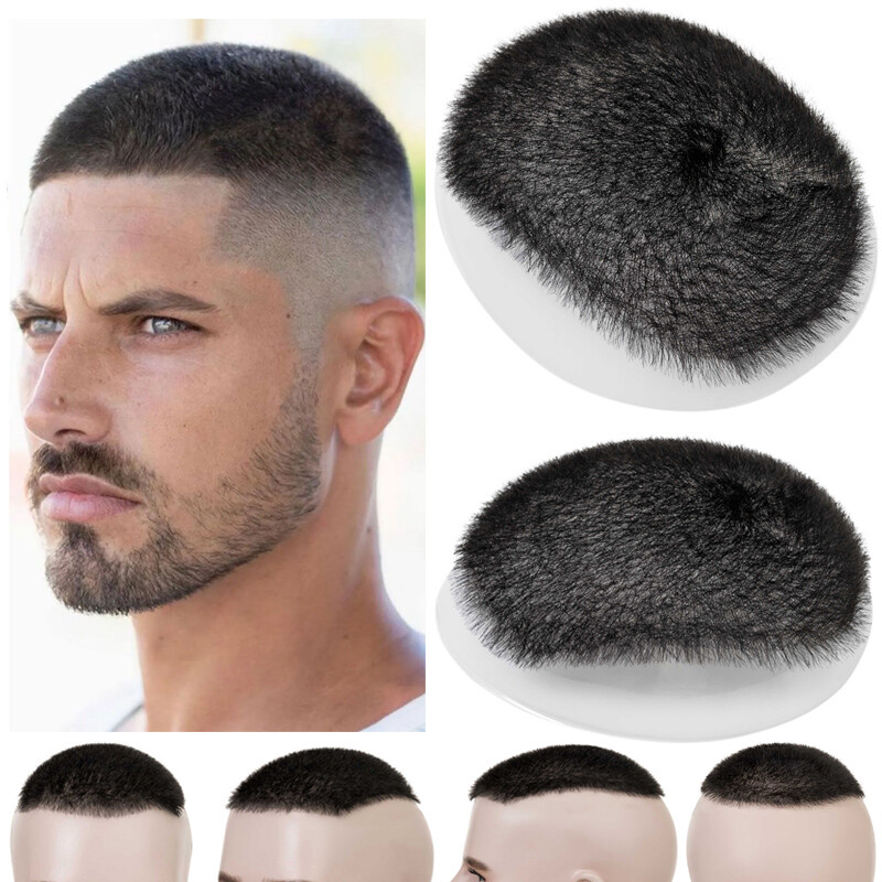 Men Short Buzz Cut Hair PU Thin Skin Toupee Human Hair Scalp Replacement System