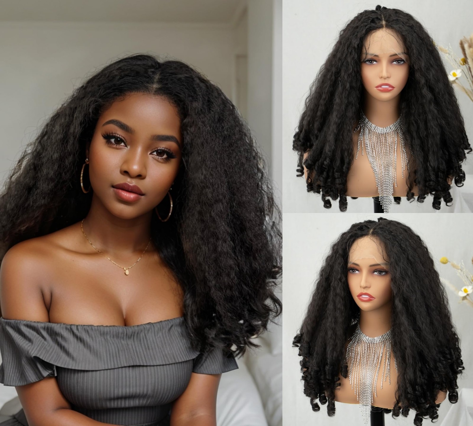 Afro Curly Lace Front Wig for Black Women 20 Inch Dark Brown Natural Syntheti…