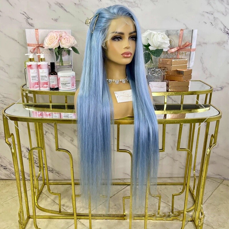 Women’s Long Straight Hair Chemical Fiber Light Blue Front Lace Wig Fashion Wig