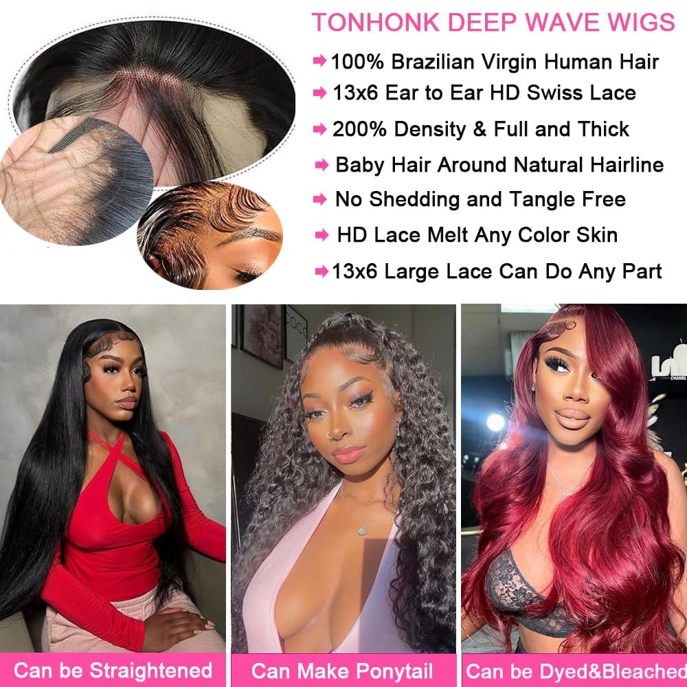 30″ Deep Wave Lace Front Wig – 200 Density, 13×6 HD Frontal, Pre-Plucked, Curly,