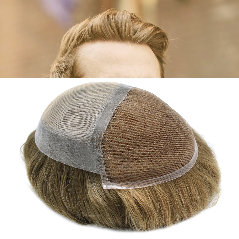 Mens Toupee French Lace Front Hairpiece Brown Blonde Poly Skin PU Hair System US
