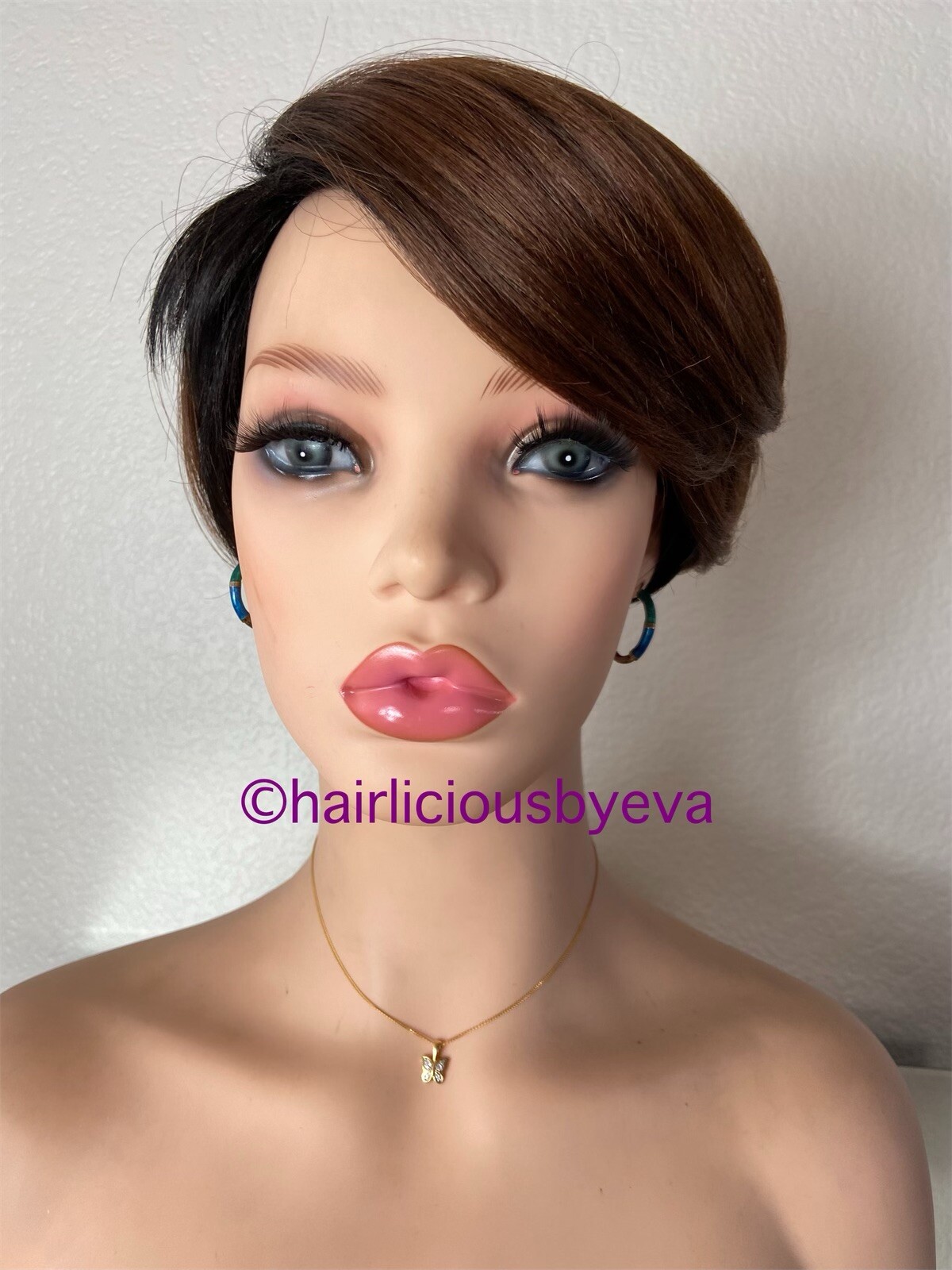 Golden Brown Short Wig Ombré Black Side Part Heat Resistance Ok