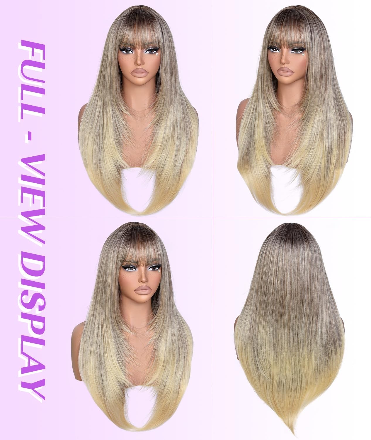 Long Layered Blonde Wig with Bangs Straight Synthetic Wig for Women 26 Inch