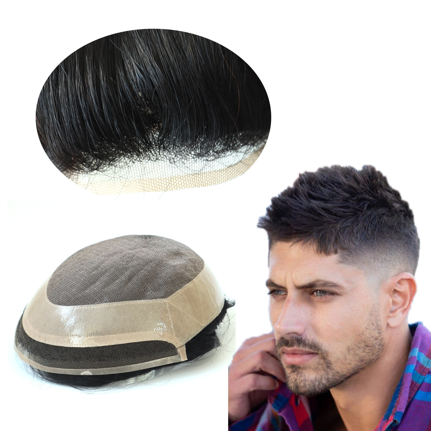 Mens Human Hair Replacement System Hairpiece Fine Mono Lace Front Toupee #1B