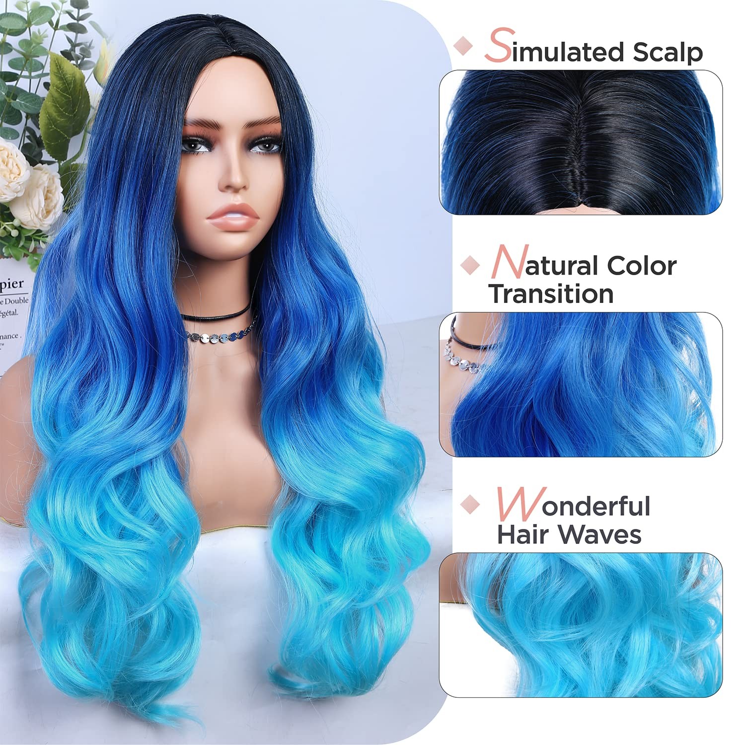 Long Blue Wavy Wigs for Women Ombre Blue Body Wave Mermaid Hair Wigs Long Cur…
