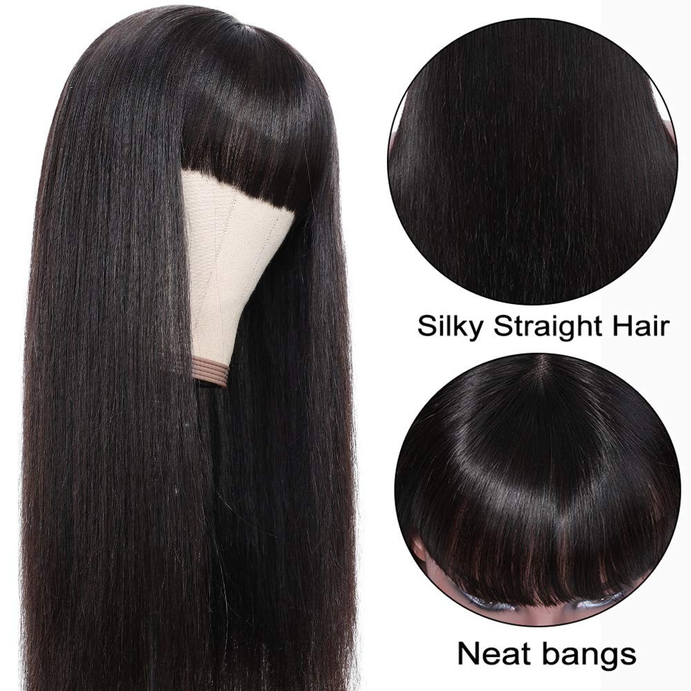 Straight Wig Human Hair with Bangs Machine Made Brazilian Virgin Human Hair Wig