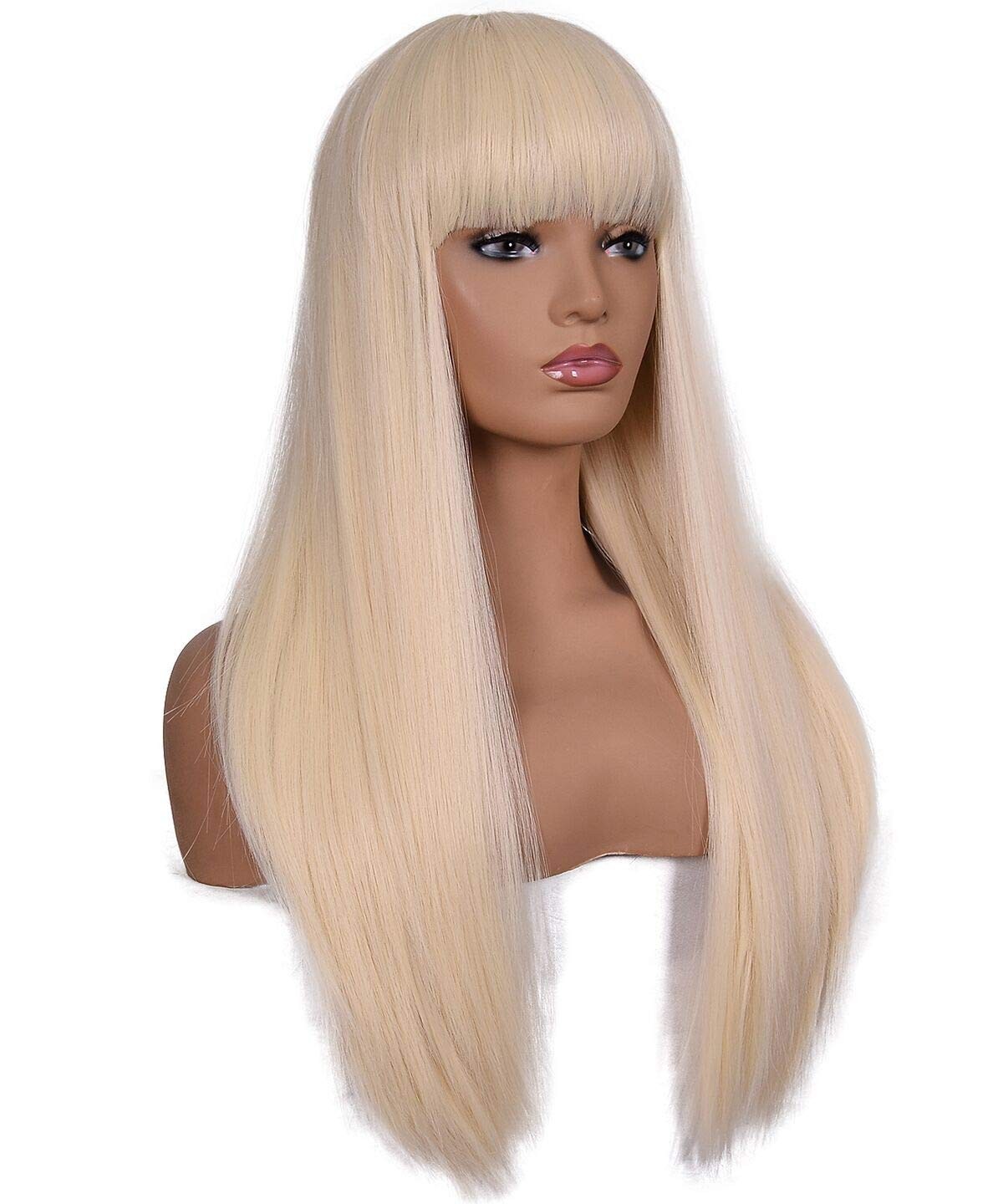 Women’s 26 inches Long Straight Blonde Synthetic Resistant Hair Wigs with Bangs