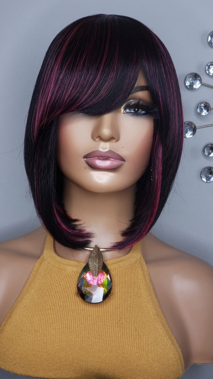New Human Hair Blend Short Bob Wrap Bangs Full Cap Wig Black Pink Highlights Wig
