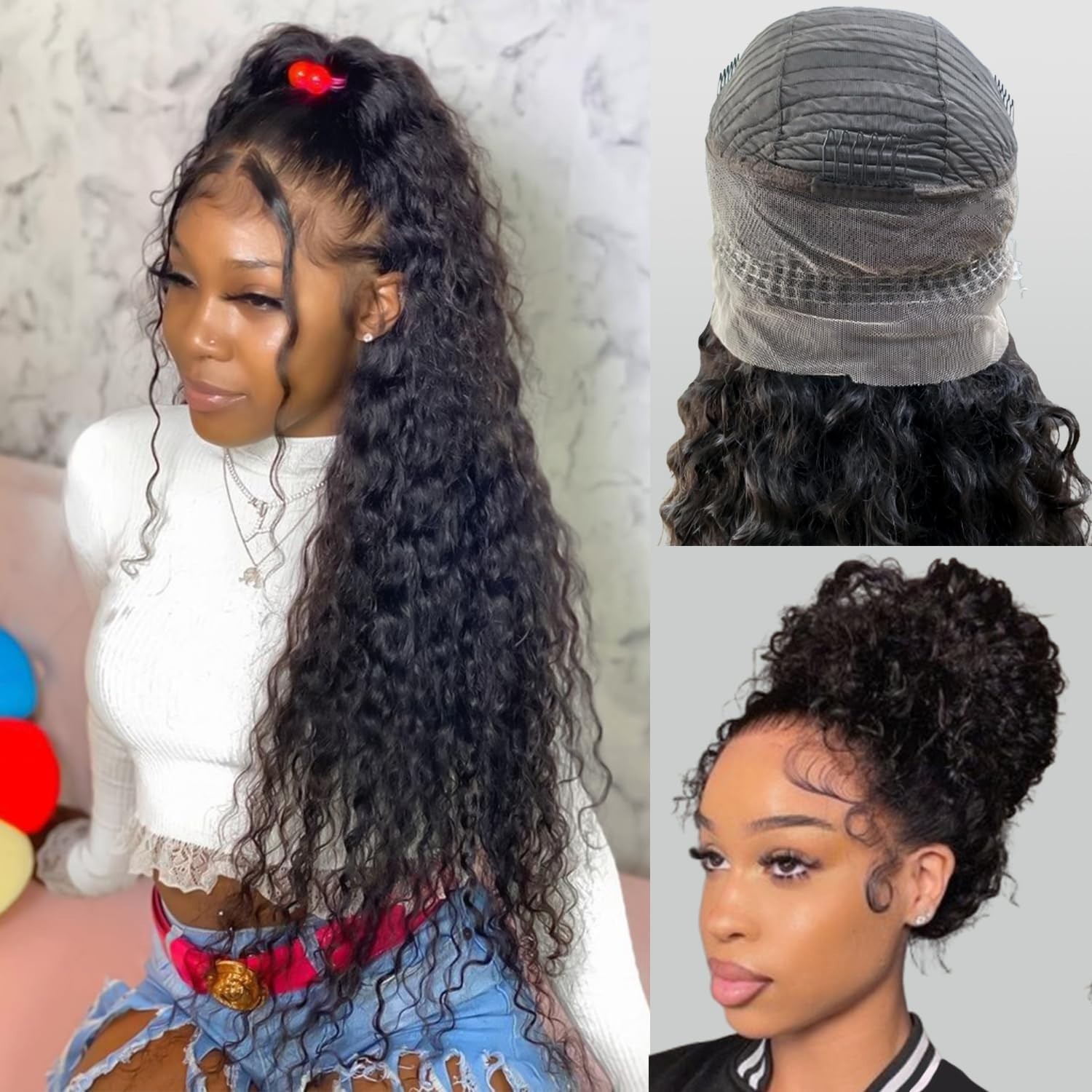 24″ Water Wave Glueless Lace Front Wig – 200 Density Curly Human Hair for Black