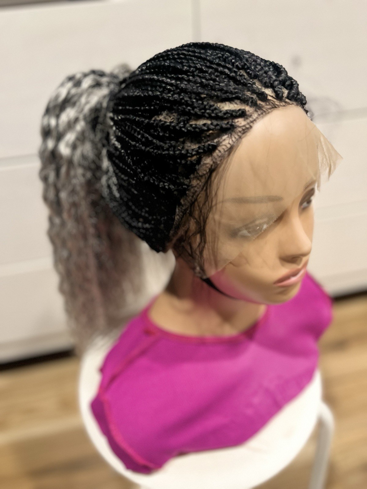 Braided water wave wig made on a full lace wig.length is 24” Black & Gray Wig