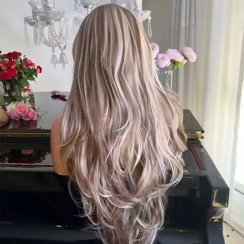 Balayage Ombre Ash Blonde Brown Highlight Full Lace Front 100% Human Hair Wigs