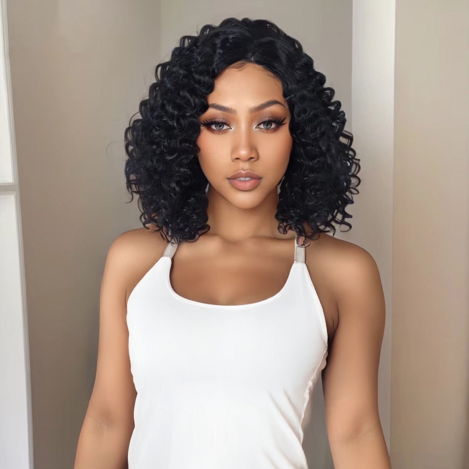 12 Inch Black Short Wavy Wig No Lace Afro Curly Wig for Black Women Curly Hair