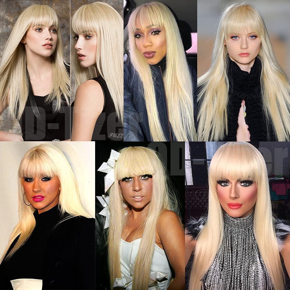 #613 Blonde Long Straight Synthetic Hair Wigs with Bangs Women’s Costume Wig …