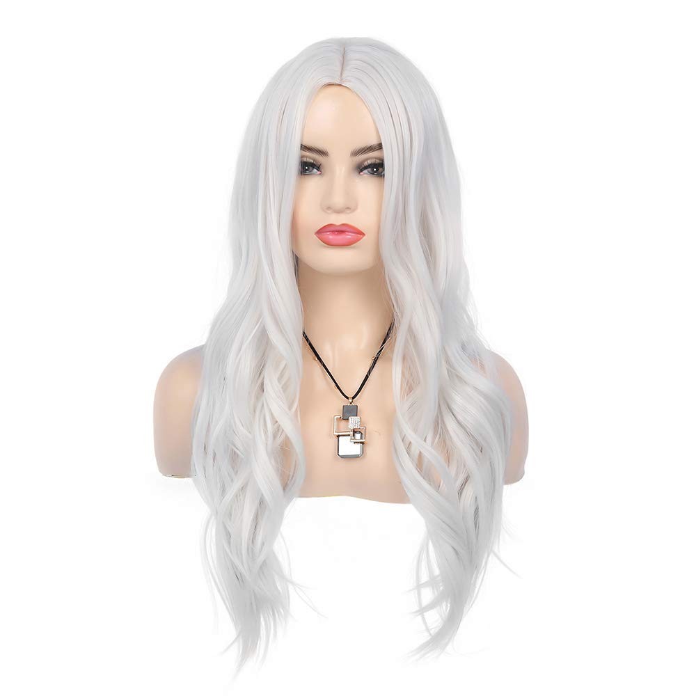 Long Curly Wavy White Wig Middle Part Cosplay Wig Synthetic Heat Resistant Co…
