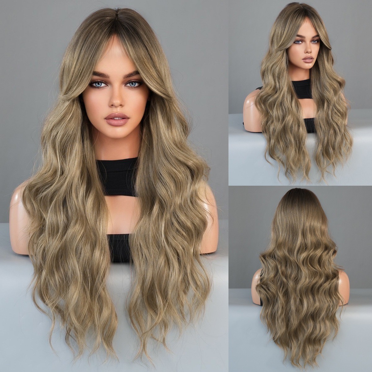Bronze-golden long curly hair full head cover made of synthetic fiber with waves