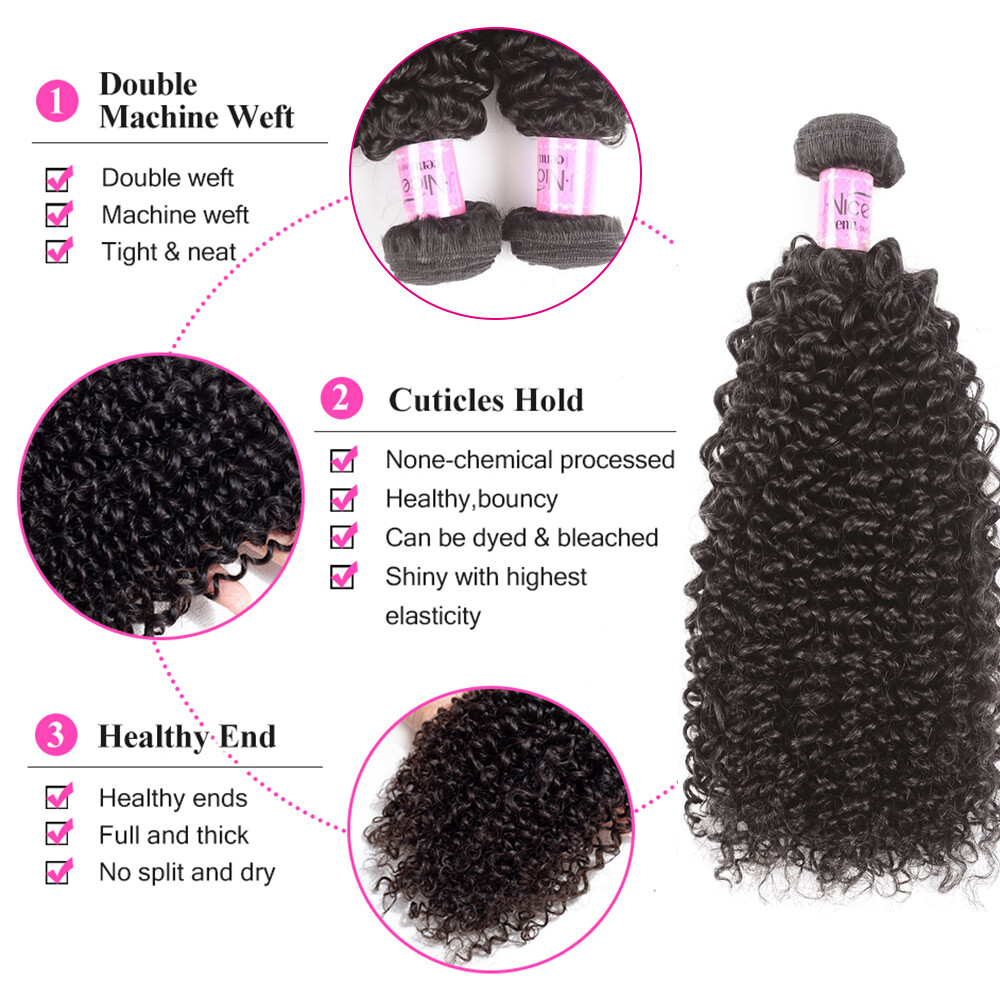 UNice Cambodian Kinky Curly Human Hair Extension Bundles with Lace Closure Weave